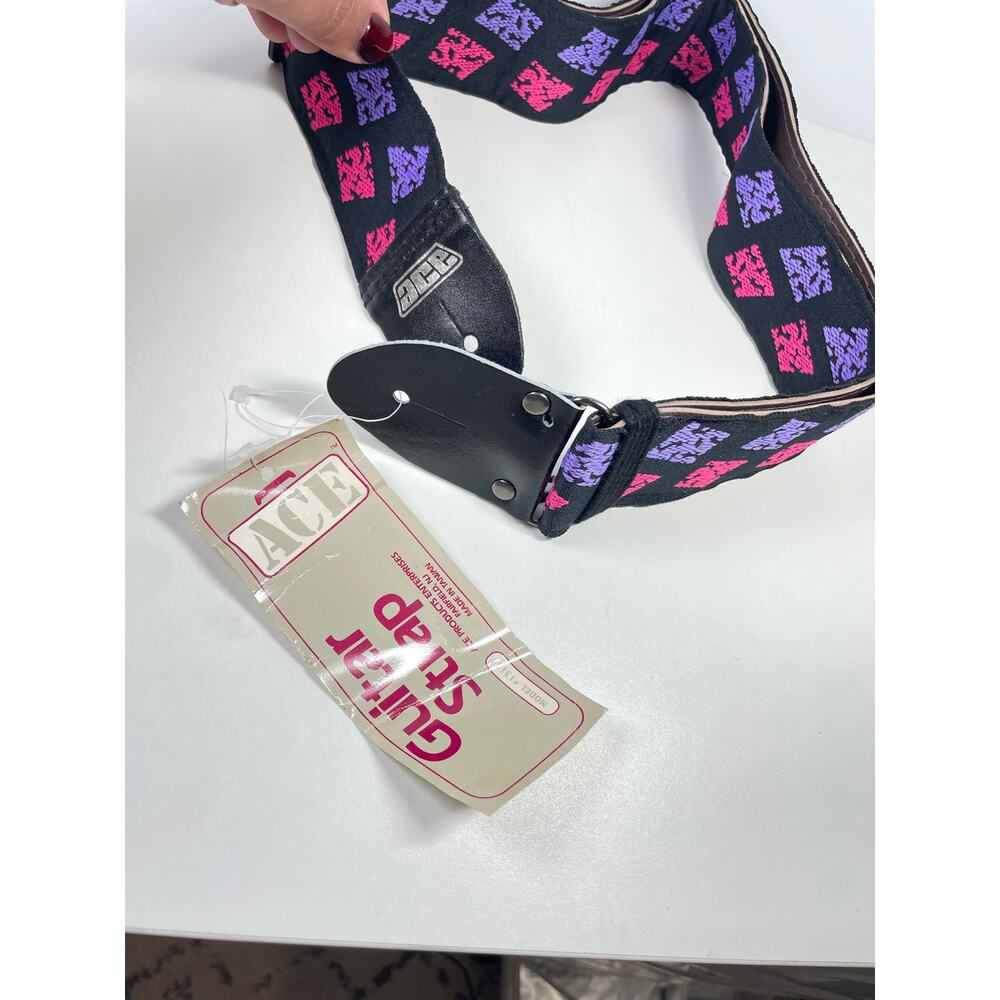 Vintage ACE Guitar Strap Model 2131 Black Purple Pink Pattern – New with Tags